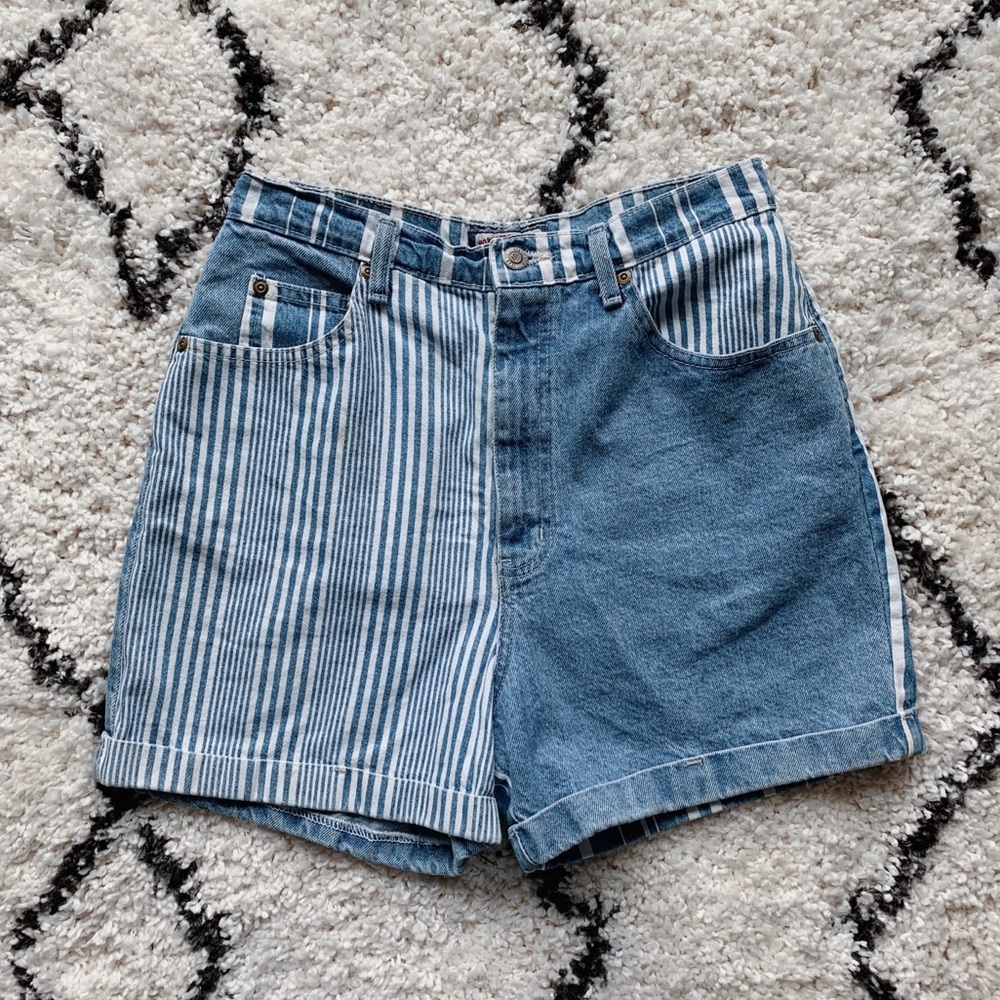 Vintage • High Waisted Two Tone Striped Shorts